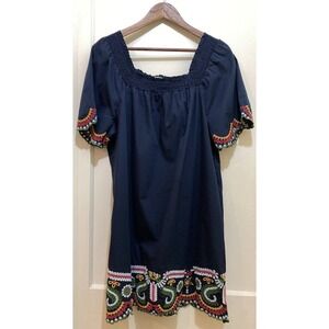 Crown & Ivy Off-Shoulder Smocked Dress Womens XL Navy Scallop Embroidery Peasant